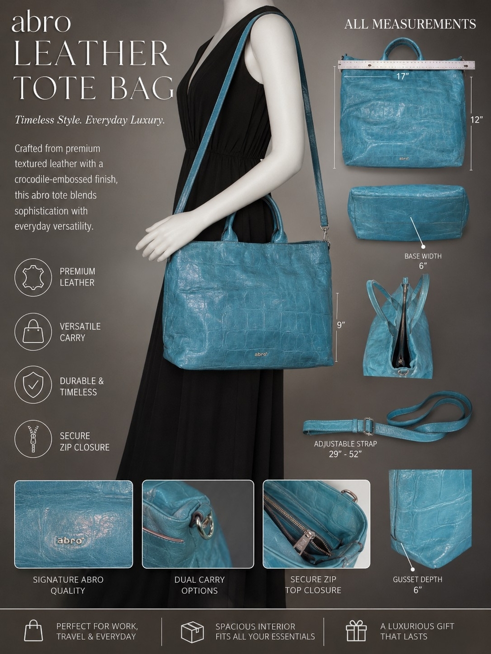 abro Teal Crocodile-Embossed Leather Tote